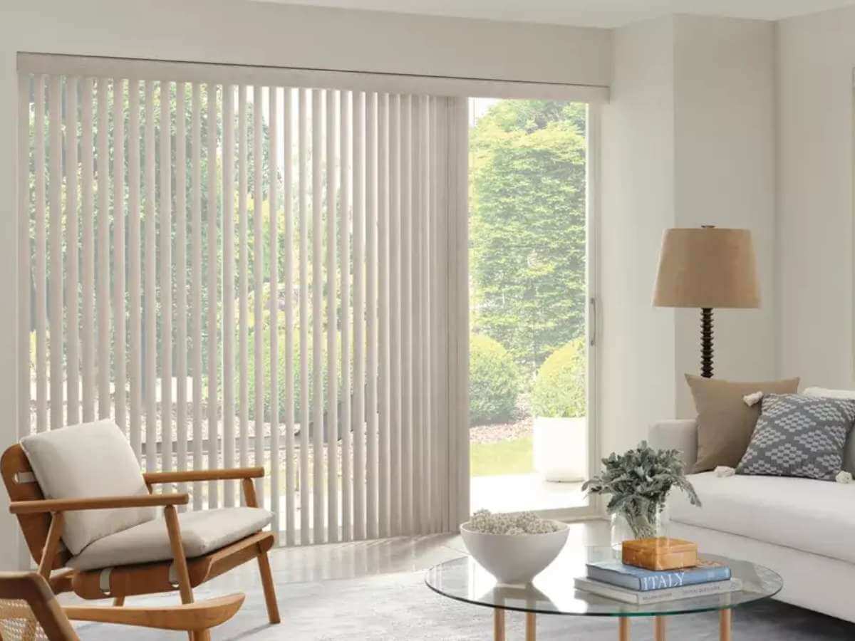 Vertical blinds are a typical choice for sliding glass doors because they provide excellent light control and privacy.