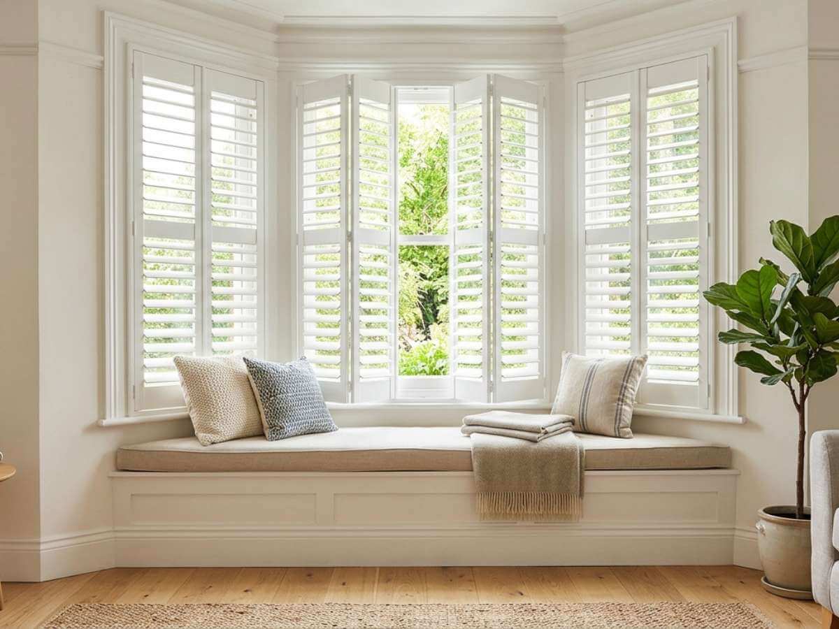 white wood shutters on a bay window